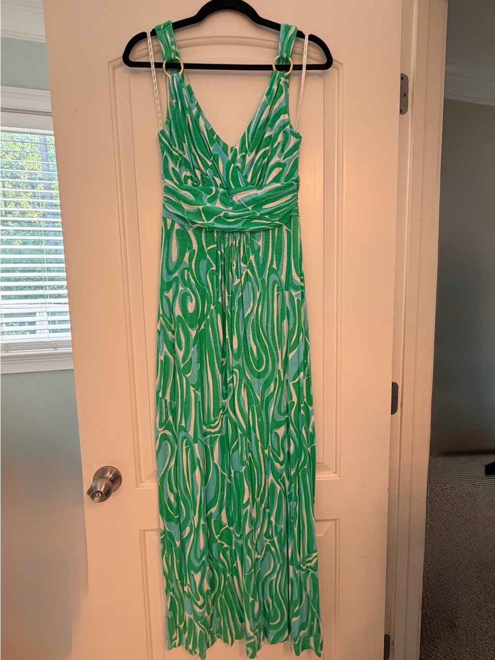 Lilly Pulitzer Blue and Green Maxi Dress size Small with Gold Ring detail